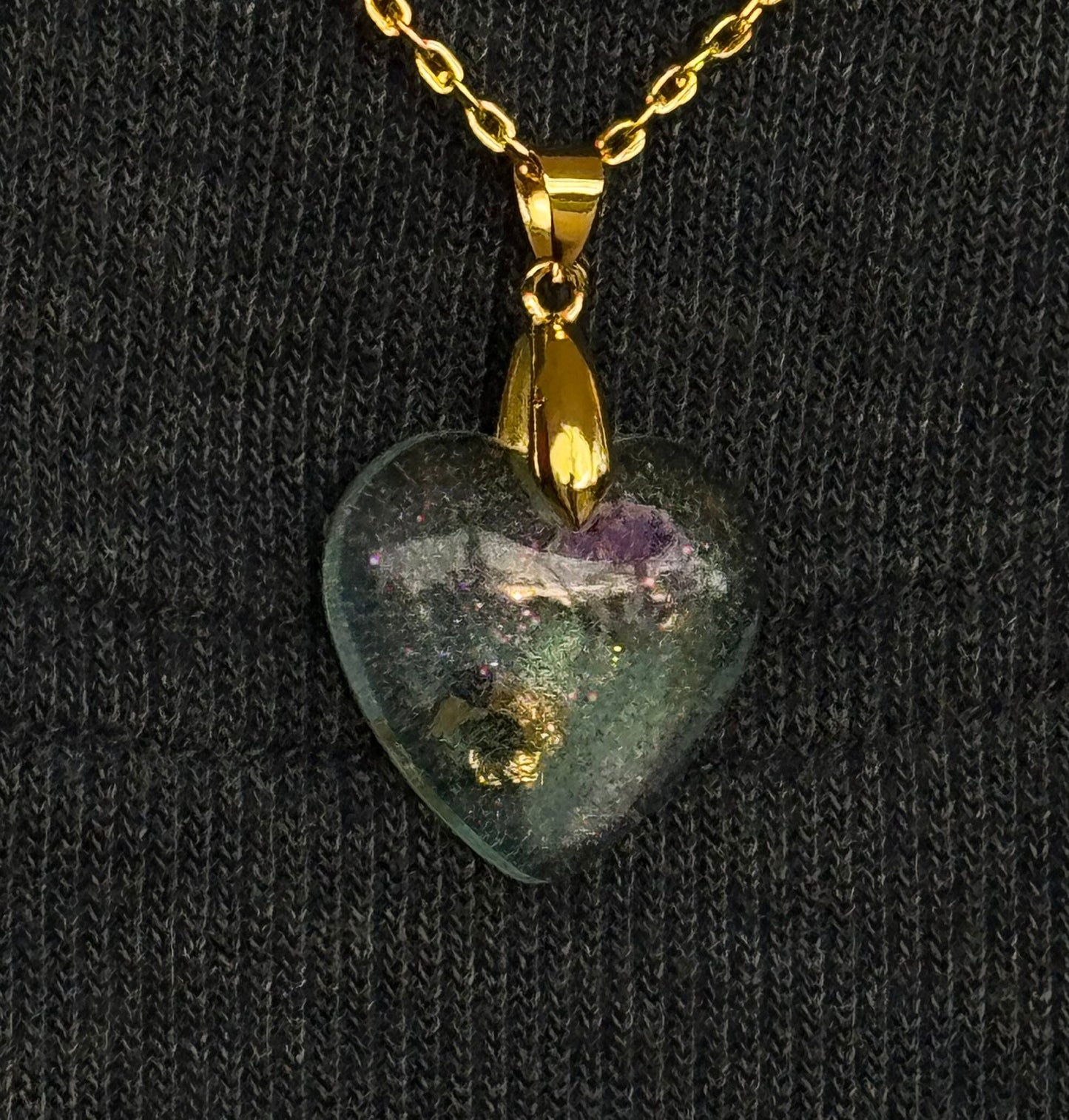 Dried Purple Flower Translucent Blue Heart with Gold Leaf Epoxy Resin Long Gold Chain Pendant