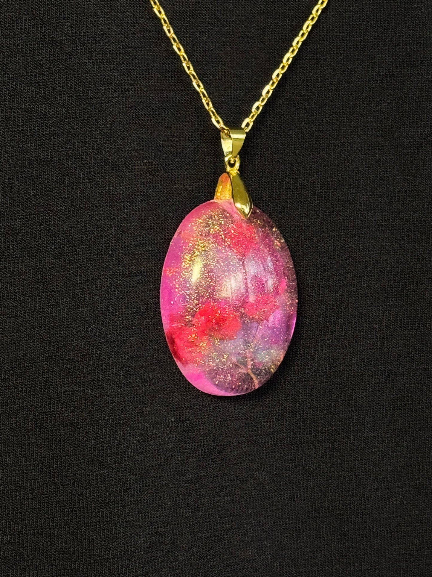 Dried Red Flowers with Gold Leaf in Pink Half Oval Epoxy Resin Long Gold Chain Pendant